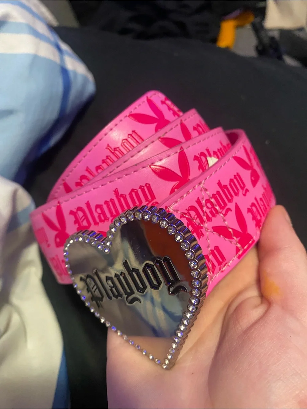 Spencer's Pink Decorative Playboy Bunny Belt with Blue Glitter Accent